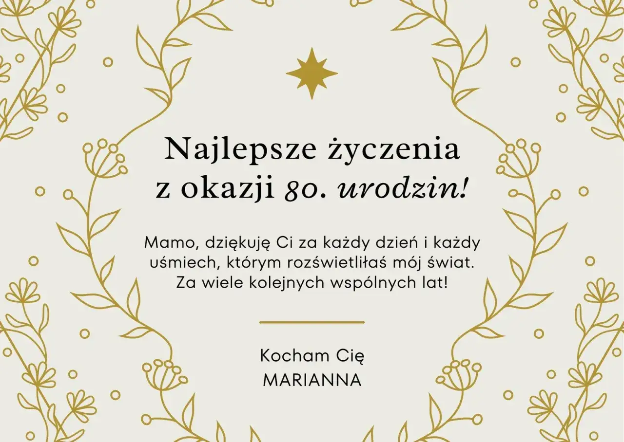 Kartka z życzeniami na 80. urodziny. "Najlepsze życzenia z okazji 80. urodzin! Mamo, dziękuję Ci za każdy dzień i każdy uśmiech, którym rozświetliłaś mój świat. Za wiele kolejnych wspólnych lat! Kocham Cię, Marianna.