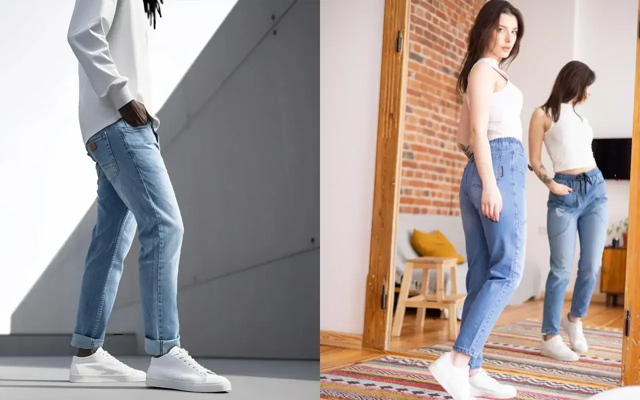 Mężczyzna i kobieta w jasnych jeansach, prezentujący wygodę i styl.