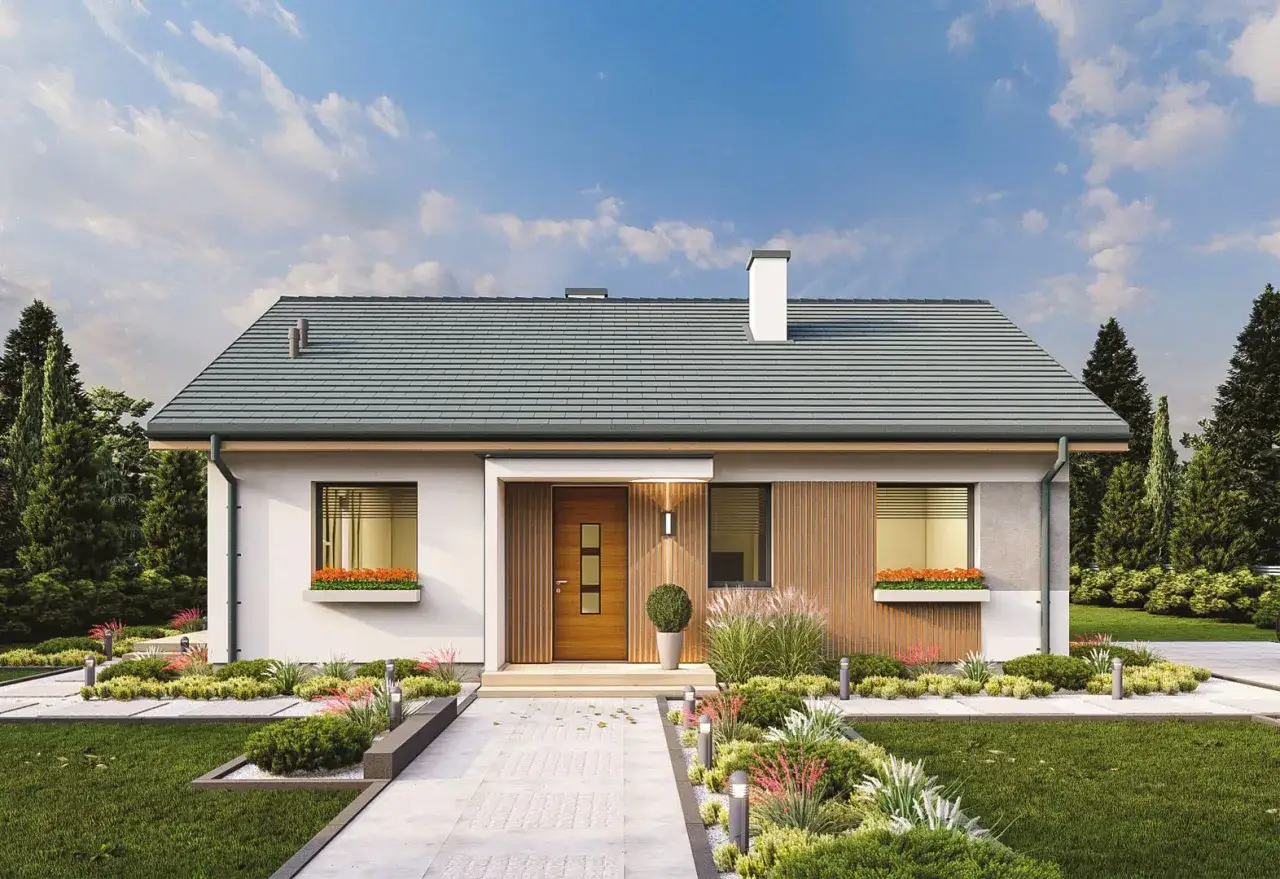 Nowoczesny, tani dom w budowie z drewnianymi elementami i zadbanym ogrodem. Idealny dla rodziny szukającej swojego miejsca.