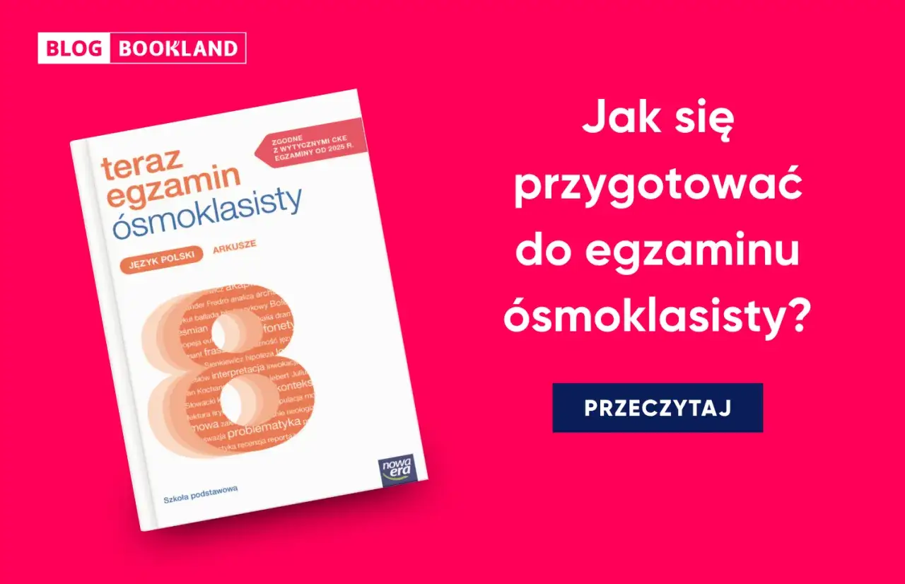 Okładka książki "Teraz egzamin ósmoklasisty. Język polski. Arkusze" na różowym tle.
