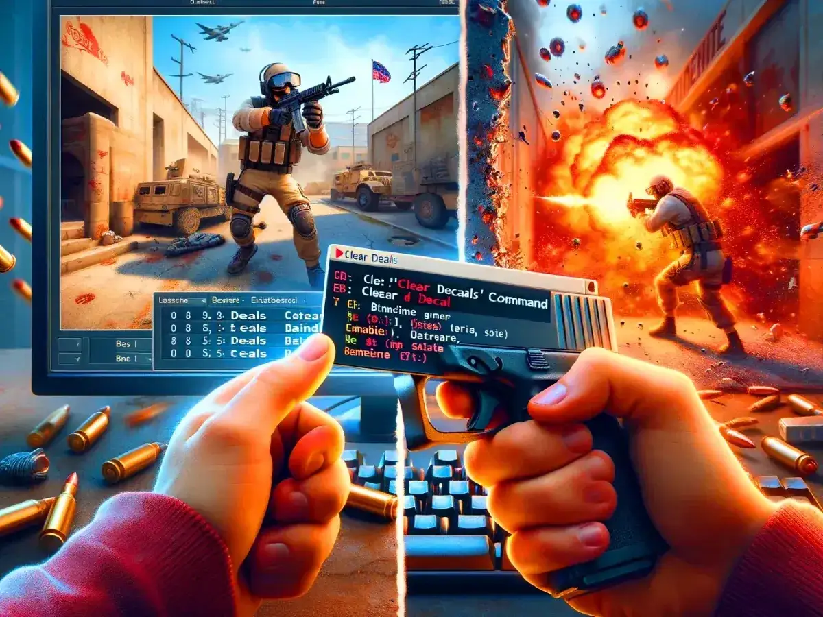 Dłoń trzyma pistolet przed ekranem komputera z grą CS2 i kodem.