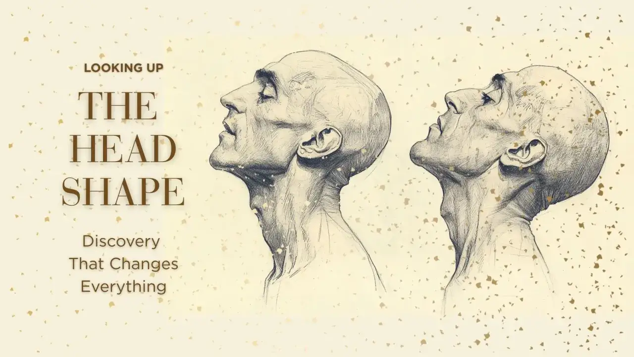 Dwa szkice głów z profilu, patrzących w górę. Tekst: "Looking Up The Head Shape". Zastanawiasz się, ile głowa ma cm długości?