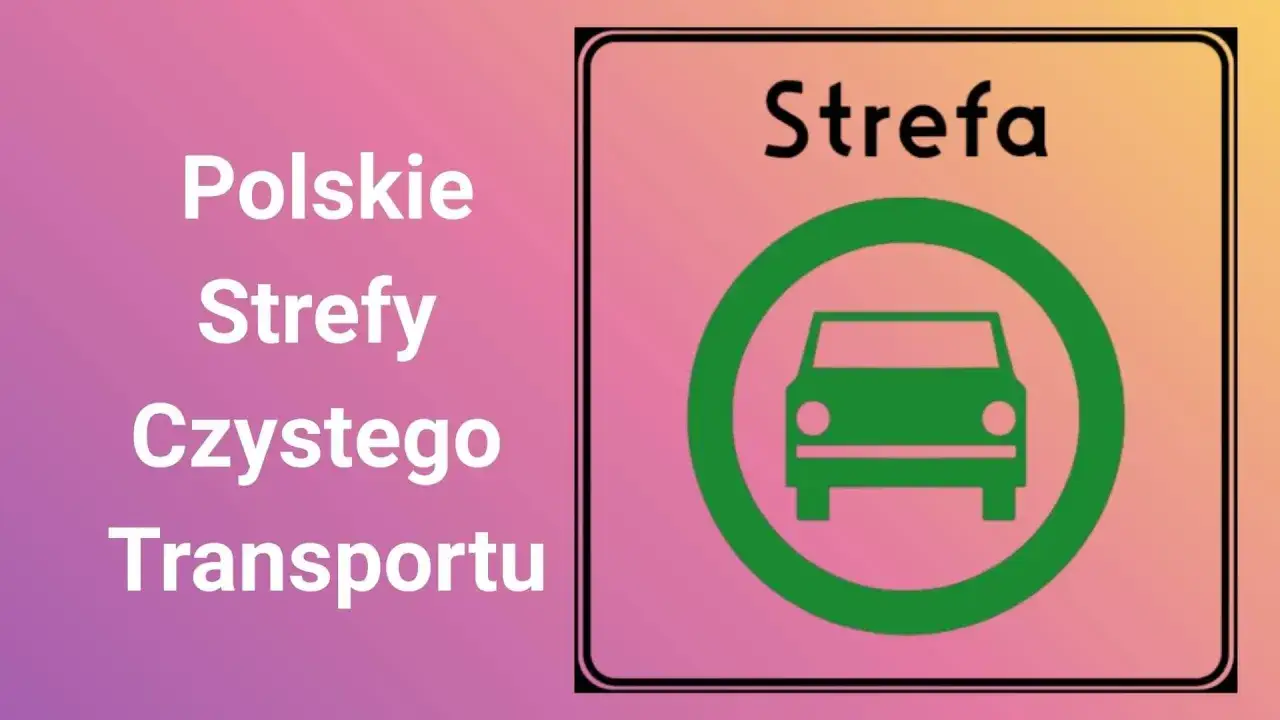Znak drogowy "Strefa czystego transportu" z napisem "Polskie Strefy Czystego Transportu".