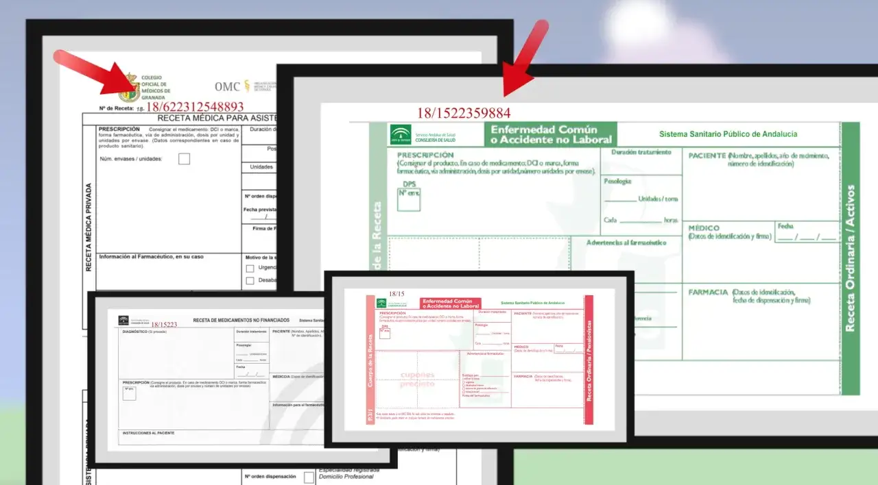 Varias recetas médicas españolas, algunas con sellos y números de identificación.