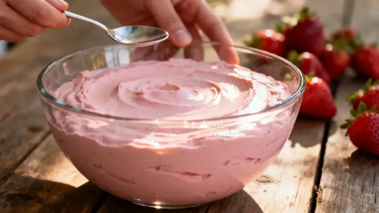 Bol de crème de fraises et mascarpone, avec des fraises fraîches sur le côté.