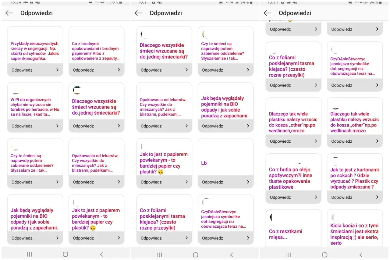 Widok ekranu telefonu z wieloma kartami pytań i odpowiedzi dotyczących segregacji śmieci.