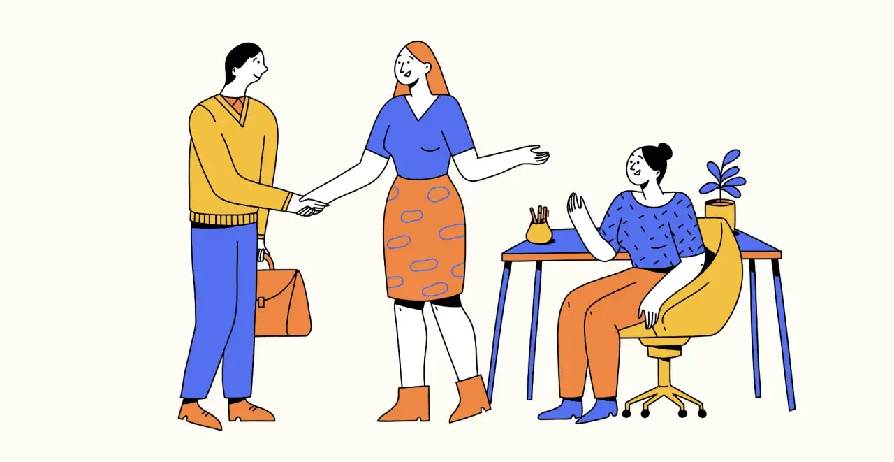 Rozmowa o pracę: kandydat wita rekruterkę, która podpowiada, jakie pytania zadawać.