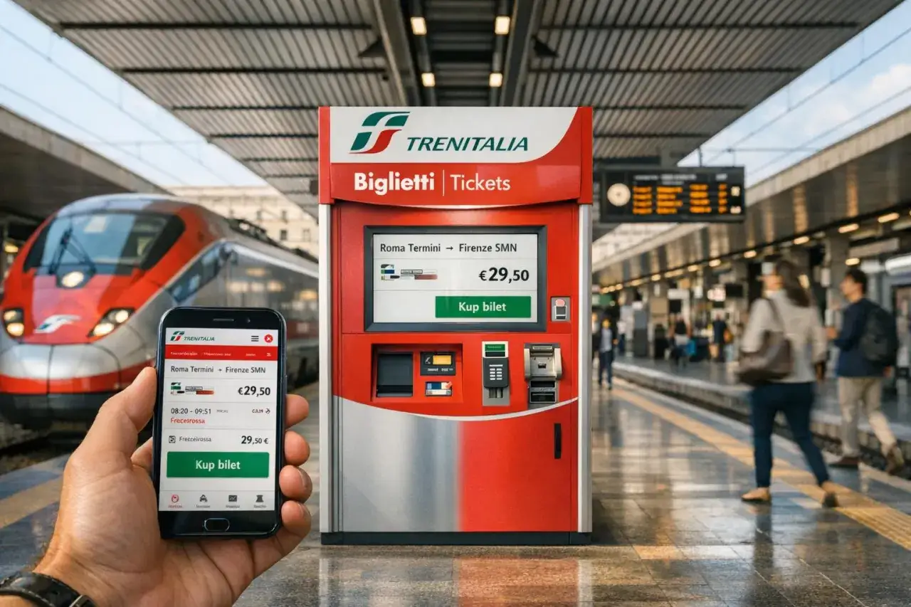 Ręka trzyma smartfon z aplikacją Trenitalia, obok biletomat na peronie. Szybkie pociągi we Włoszech czekają na pasażerów.