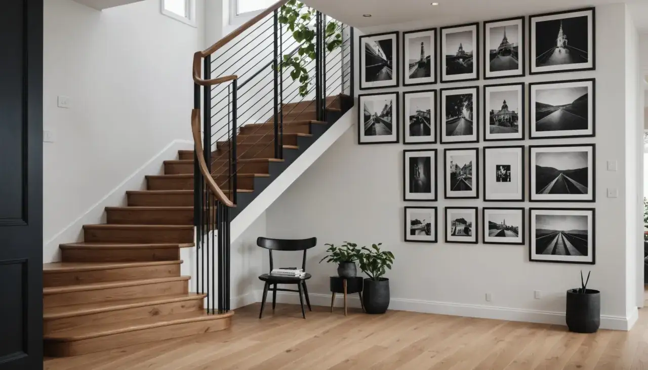 Nowoczesna ściana przy schodach inspiracje: galeria czarno-białych zdjęć architektonicznych i krajobrazowych, drewniane schody, czarne balustrady i krzesło.