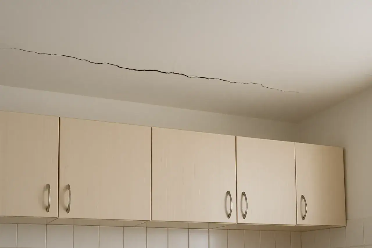 Długie pęknięcie na suficie nad jasnymi szafkami kuchennymi. Wygląda, jakby krzywe ściany zaczęły się odsuwać.