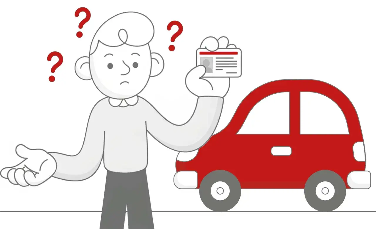 Zdezorientowany mężczyzna z prawem jazdy i czerwonym samochodem, otoczony znakami zapytania.
