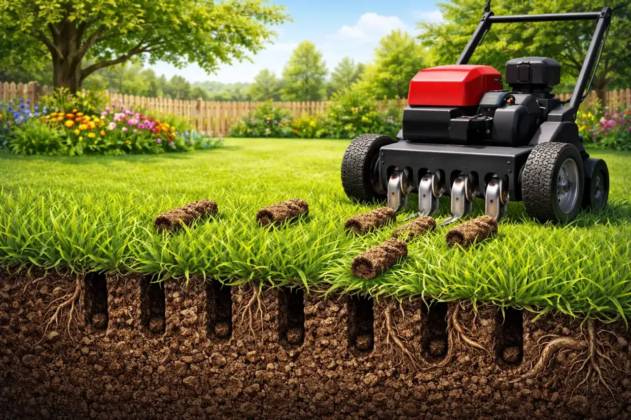 Aeracja trawnika kiedy? Maszyna do aeracji usuwa darniowe wałeczki, tworząc otwory dla lepszego wzrostu korzeni.