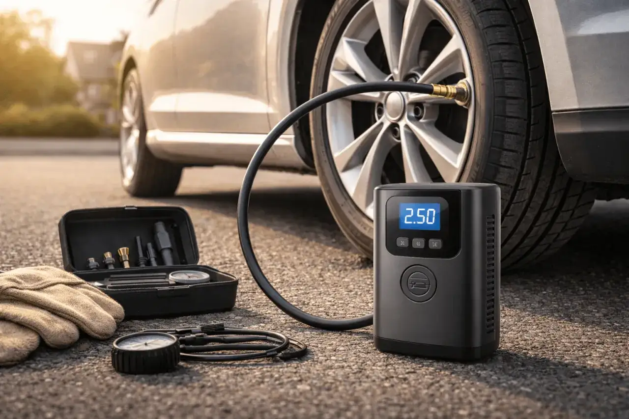 Gonfleur de pneu de voiture, manomètre, gants et kit d'embouts sur le sol, près d'une roue de voiture.