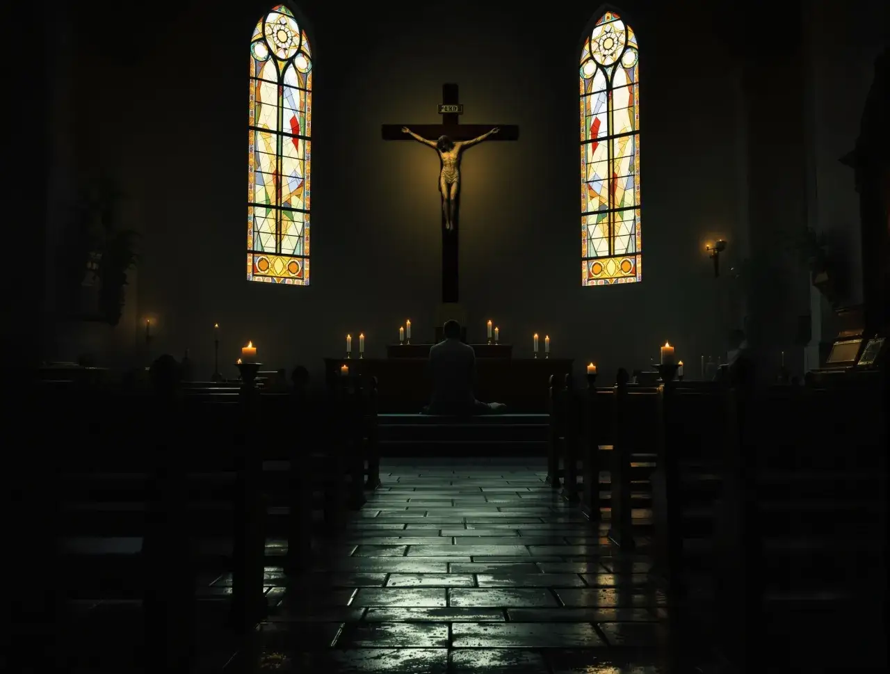Wnętrze kościoła z postacią klęczącą przed ołtarzem i krucyfiksem.