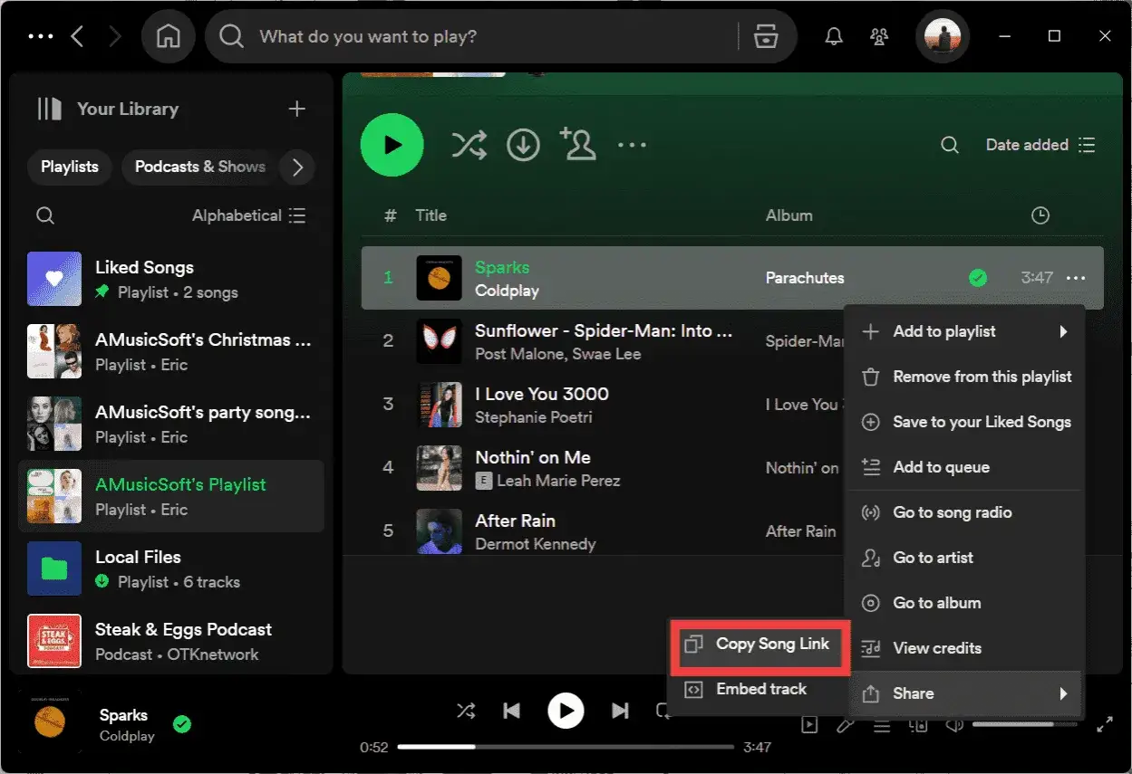 Ekran Spotify z menu kontekstowym otwartym na opcji "Kopiuj link do utworu".