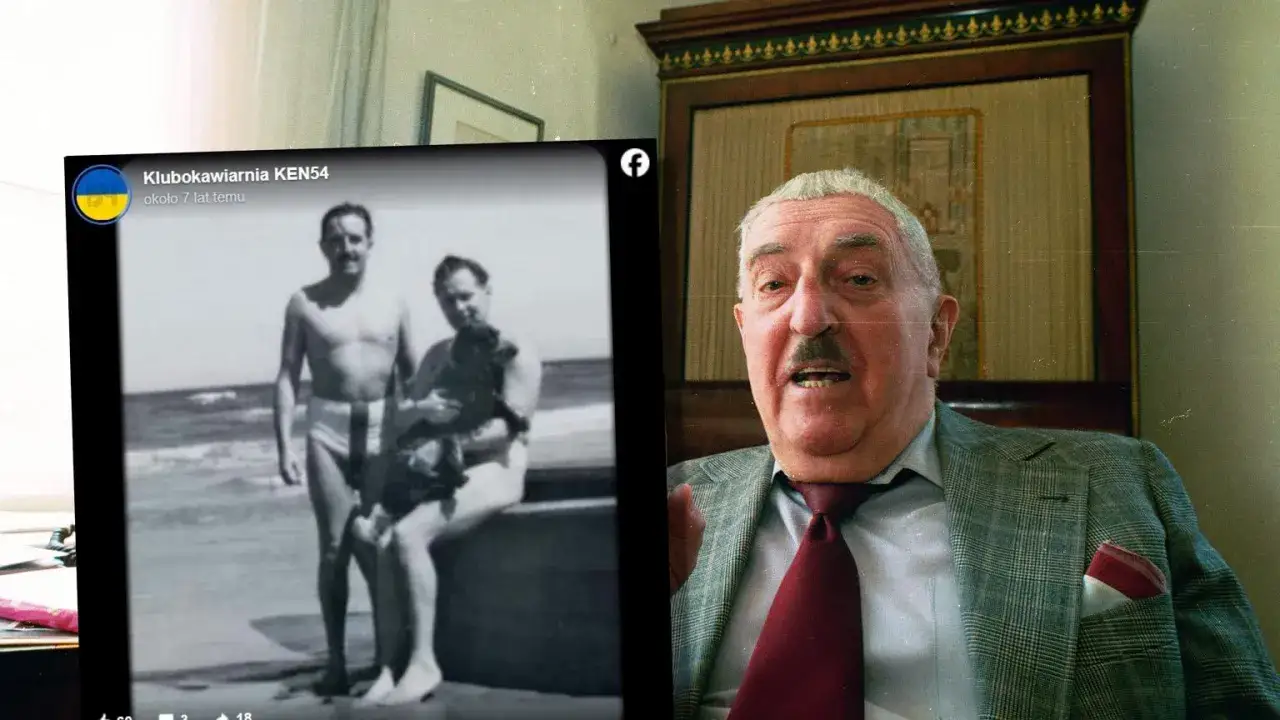 Jerzy Waldorff z bratem na plaży, obok portret samego Jerzego.