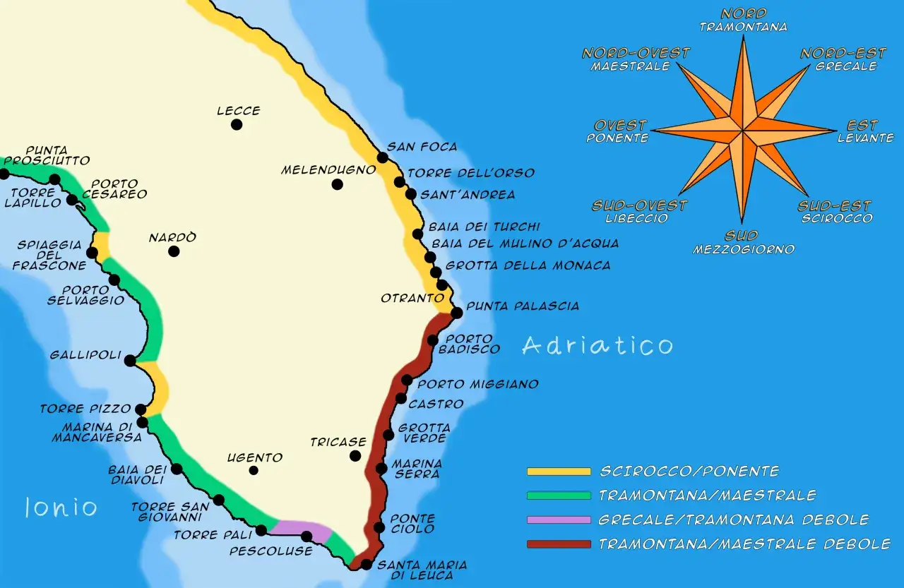 Map of Salento coast showing Ionian and Adriatic sides with towns, beaches, and compass rose.