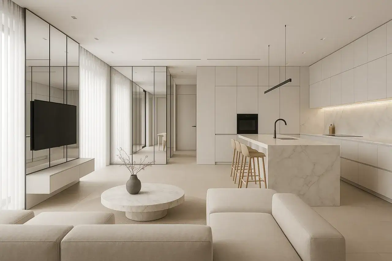 Nowoczesny salon z kuchnią, gdzie dwa lustra obok siebie tworzą iluzję większej przestrzeni.