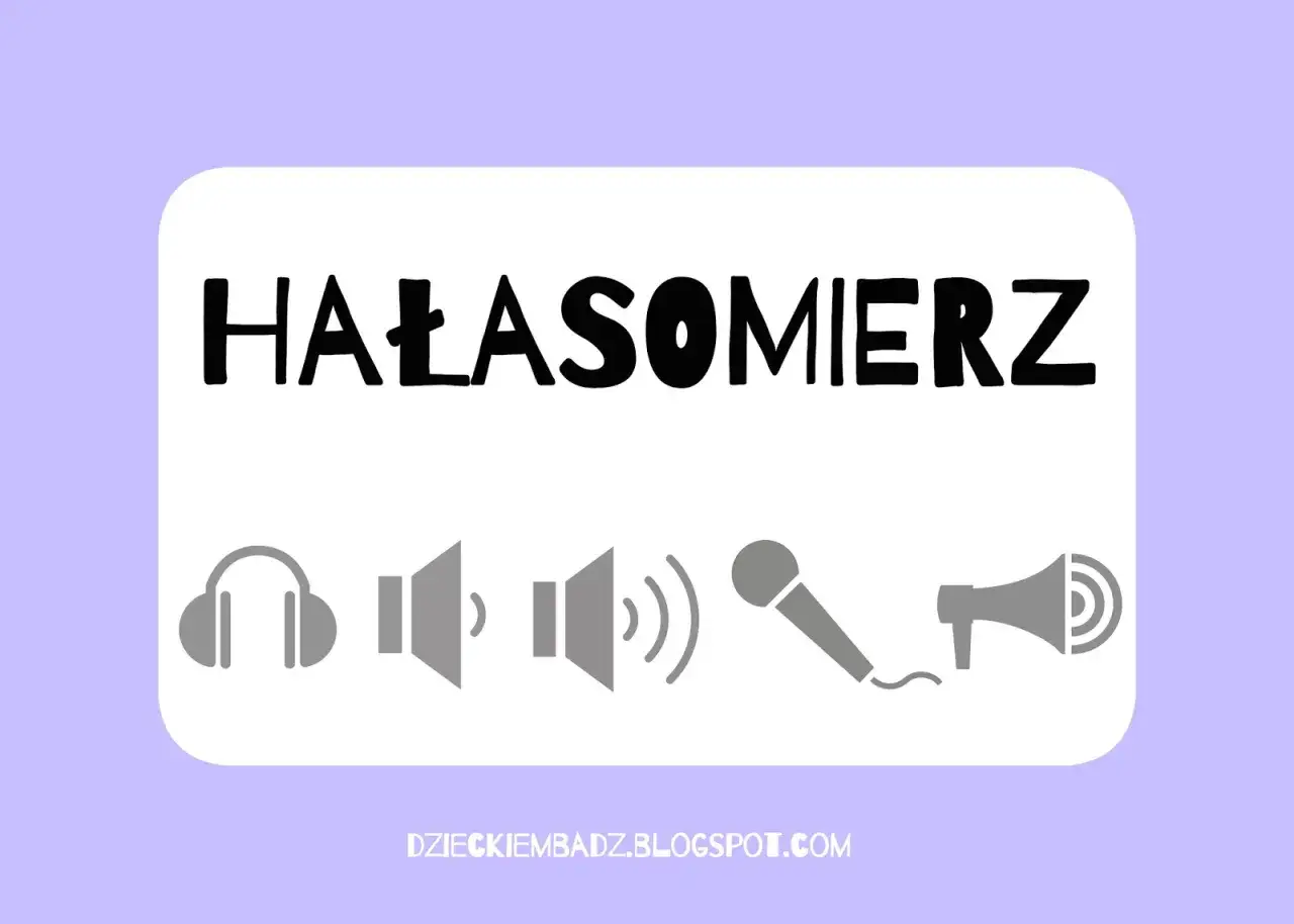 Grafika z napisem "HAŁASOMIERZ" i ikonami: słuchawki, głośniki, mikrofon, megafon. Idealne do zabaw wyciszających w przedszkolu.