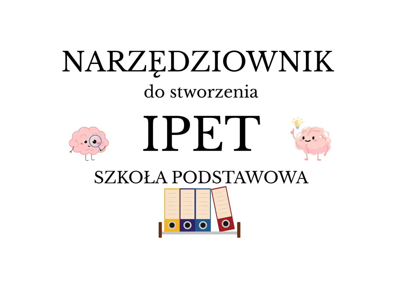 Grafika z mózgami, napisem "IPET" i segregatorami.