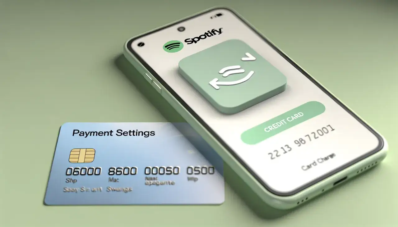 Telefon z aplikacją Spotify i karta płatnicza z napisem "Payment Settings".