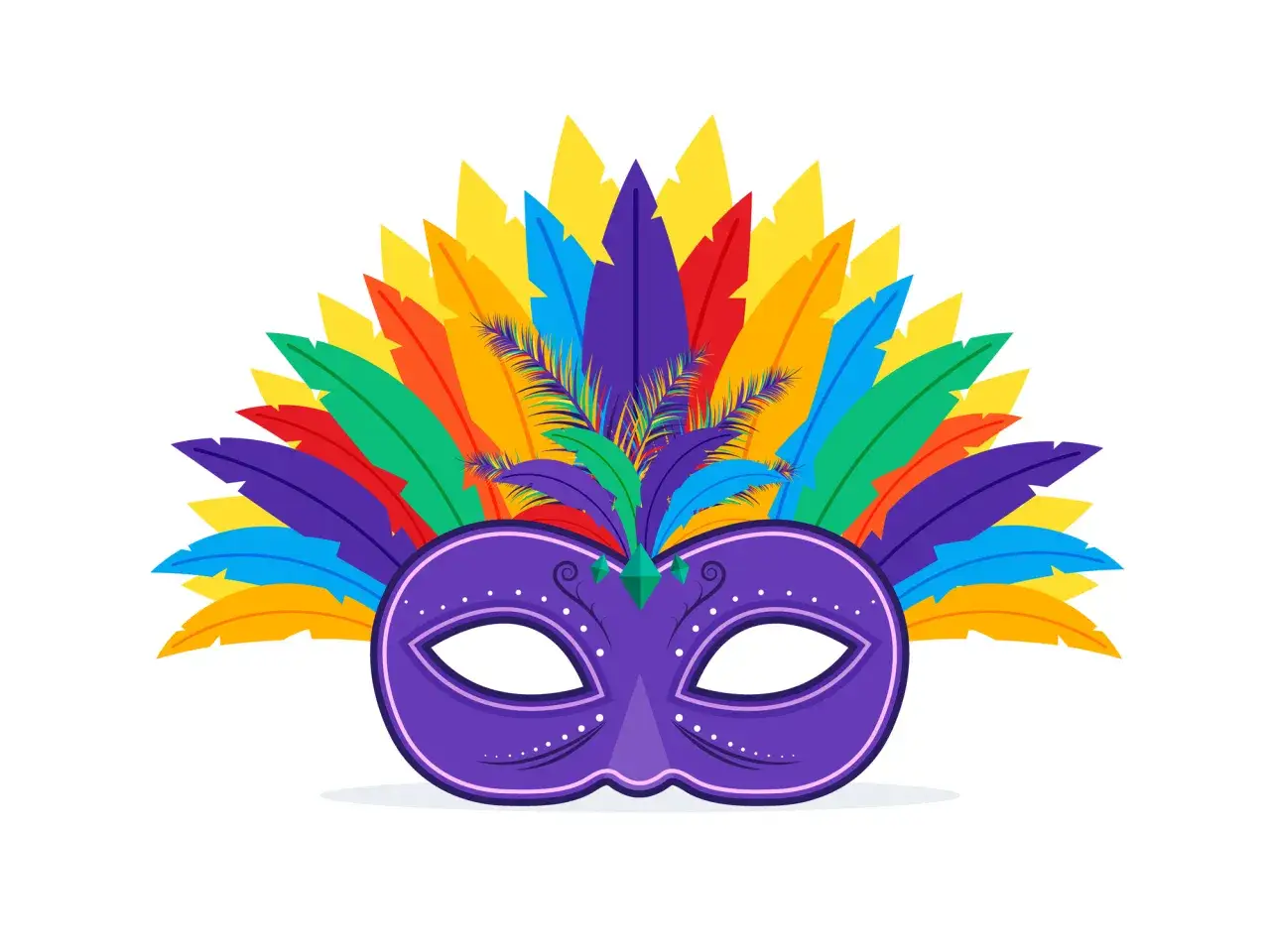 Fioletowa maska karnawałowa szablon z kolorowymi piórami. Idealna na bal przebierańców!