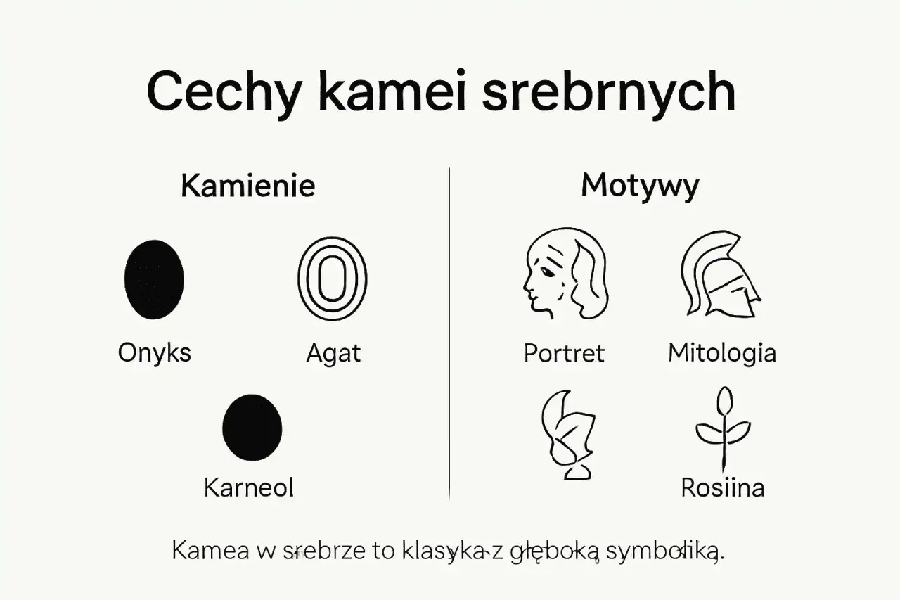 Kamea w srebrze: kamienie (onyks, agat, karneol) i motywy (portret, mitologia, roślina). Klasyka z głęboką symboliką.