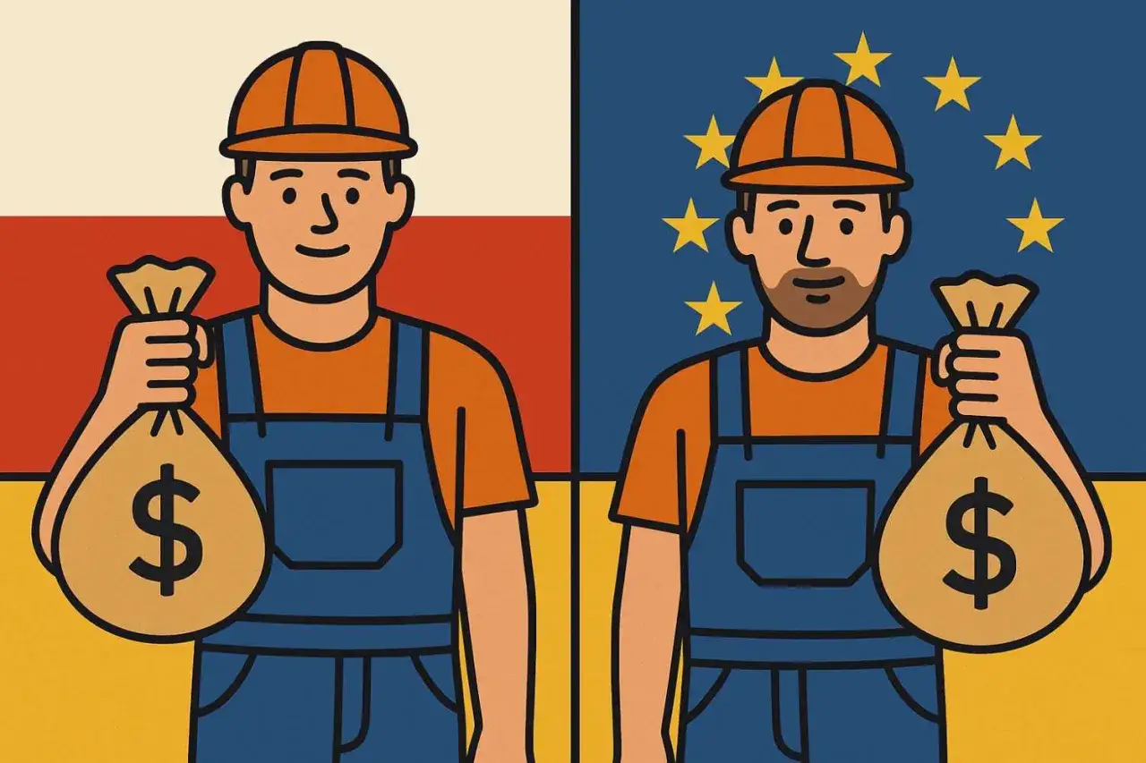 Dwóch pracowników w kombinezonach i kaskach trzyma worki z pieniędzmi na tle flag Polski i UE.