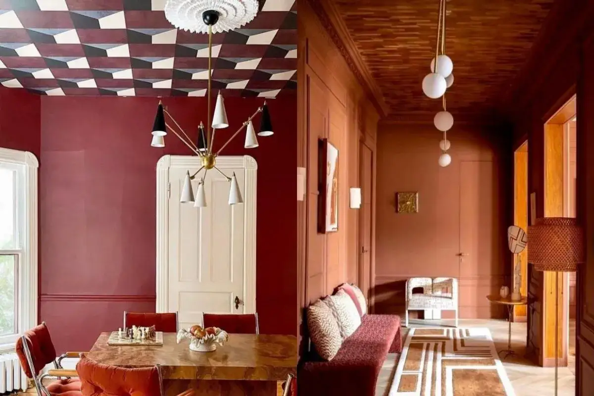 Ozdoba sufitu w jadalni z geometrycznym wzorem i nowoczesny żyrandol. Korytarz z drewnianym sufitem i minimalistycznymi lampami.