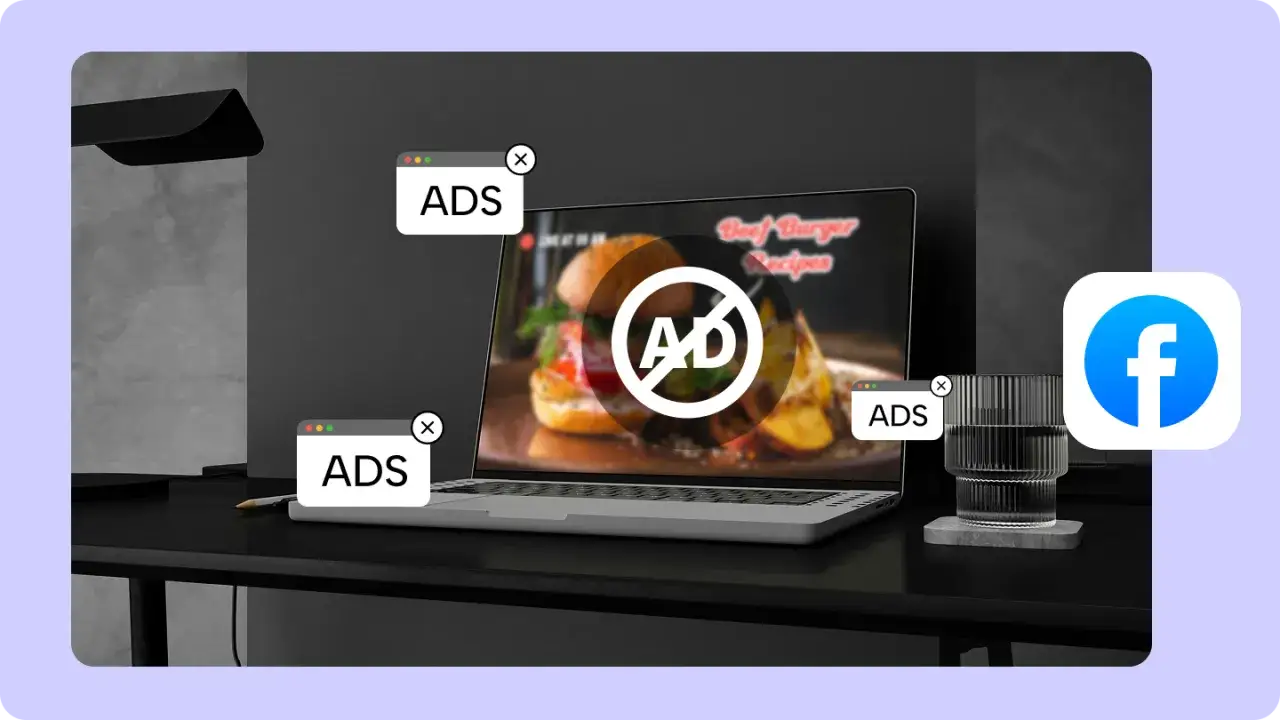 Laptop z zakrytą reklamą na ekranie, ikona Facebooka i okienka z napisem "ADS".