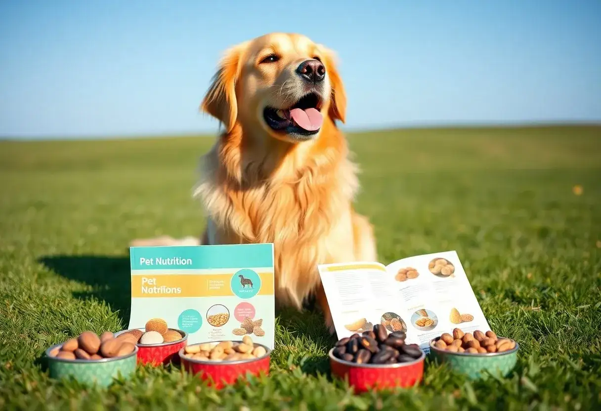 Golden retriever z zaciekawieniem patrzy na miseczki z orzechami i broszurę "Pet Nutrition". Czy psy mogą jeść nerkowce?