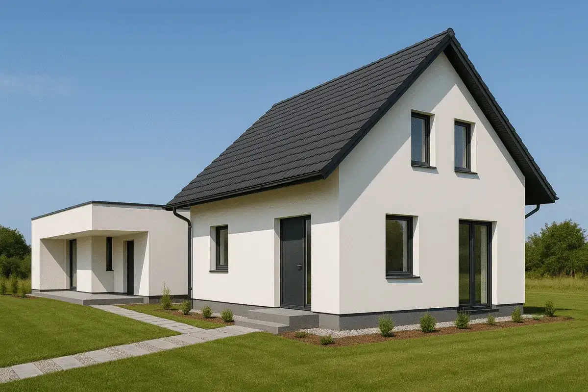 Nowoczesny dom z dwuspadowym dachem. Czy płaski dach jest tańszy? Ten dom z pewnością wygląda na tańszy w budowie niż dom z płaskim dachem.