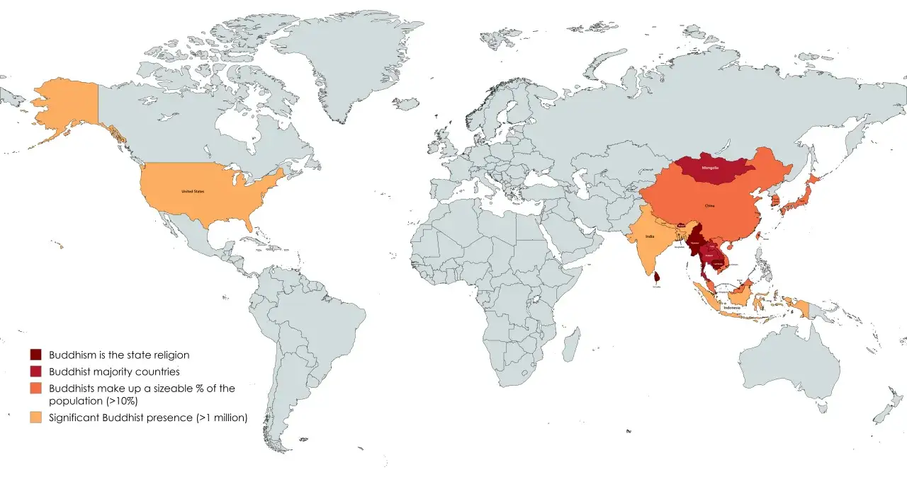 Mapa świata pokazująca, gdzie jest najwięcej buddystów. Najwięcej wyznawców buddyzmu jest w Azji Wschodniej i Południowo-Wschodniej.