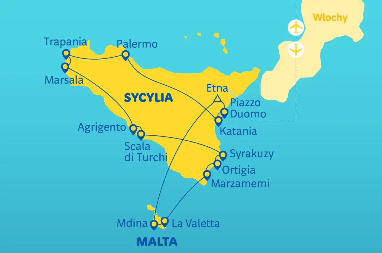 Mapa pokazuje trasy promowe między Maltą a Sycylią, z zaznaczonymi miastami jak Palermo, Katania i La Valletta.