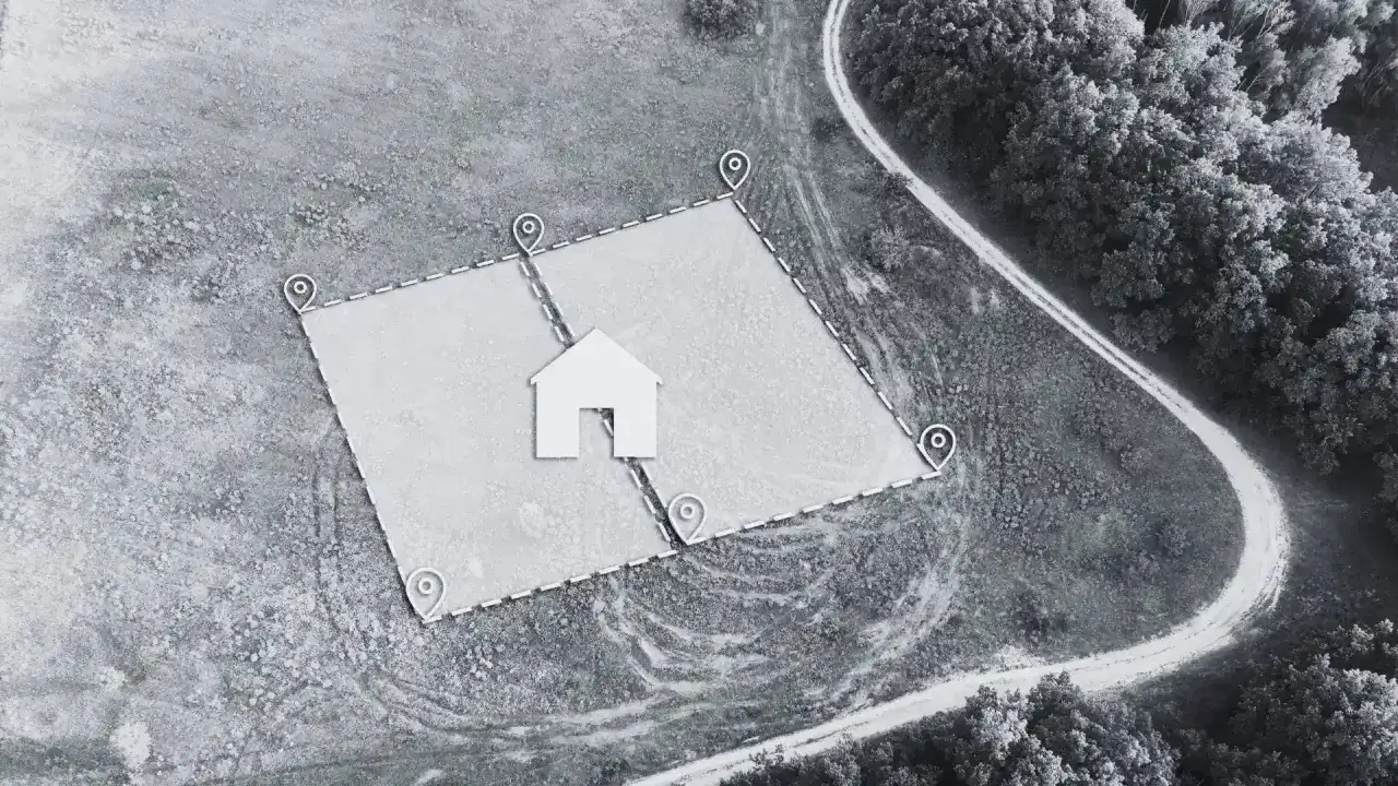 Wizualizacja wyznaczonego terenu pod budowę domu z zaznaczonymi punktami granicznymi. Pokazuje, ile od granicy działki można postawić dom.