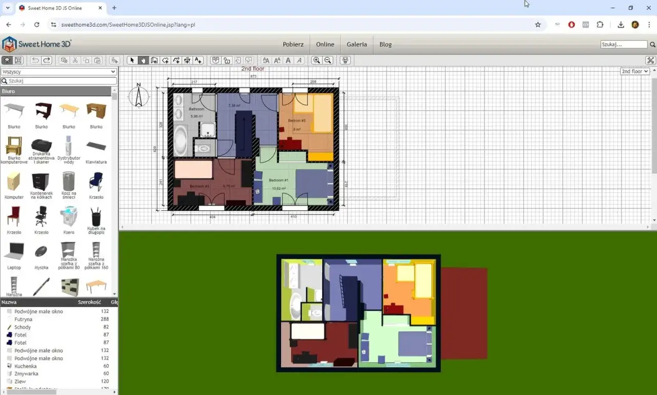 Program do projektowania domów Sweet Home 3D pokazuje rzut piętra z pokojami i meblami.