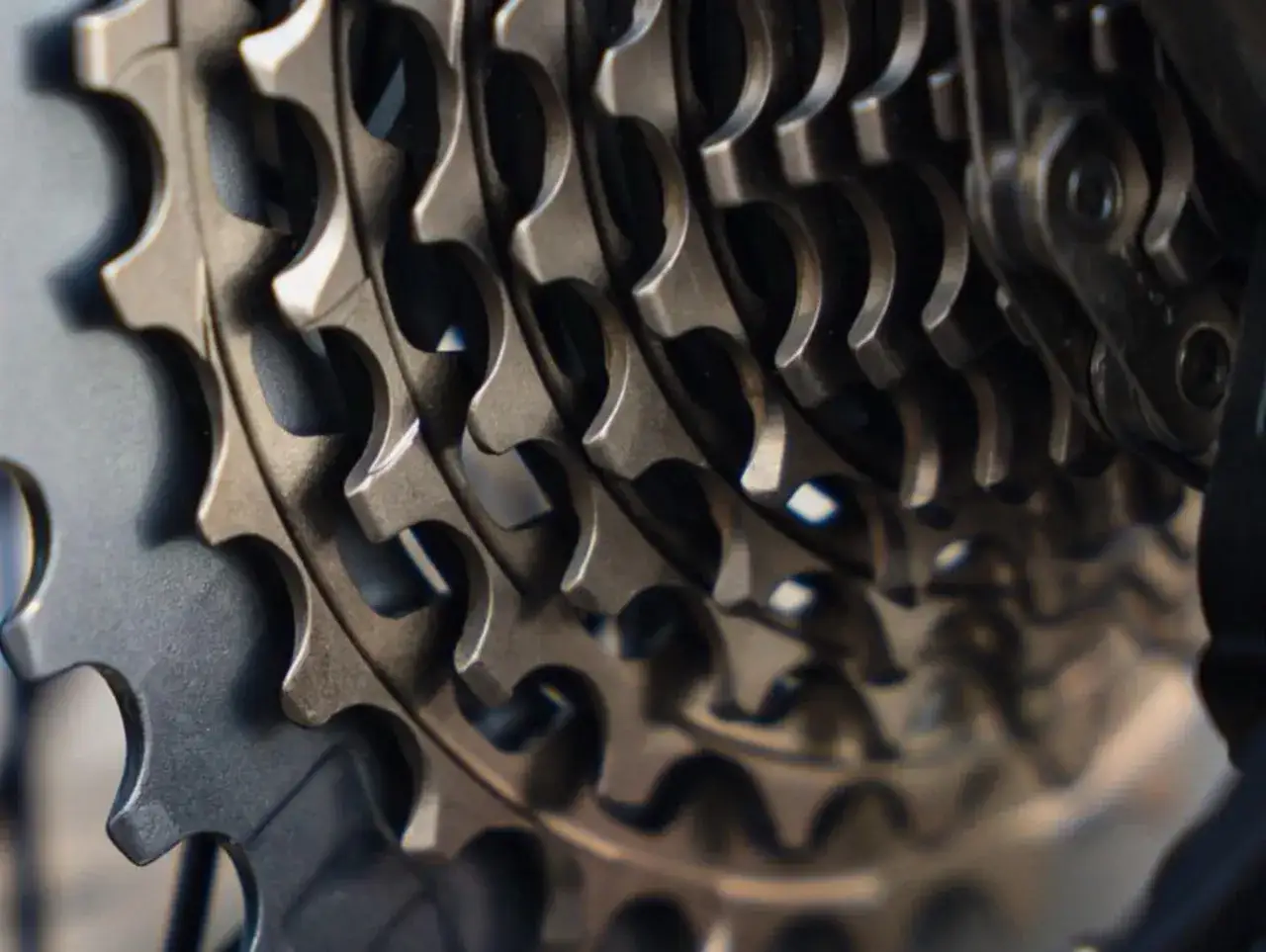 Zbliżenie na zębatki kasety rowerowej, pokazujące różne rodzaje kaset rowerowych i ich konstrukcję.