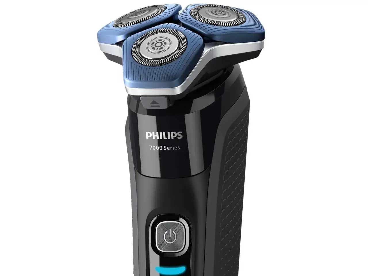 Czarna golarka elektryczna Philips 7000 Series z niebieskimi elementami i przyciskiem zasilania.