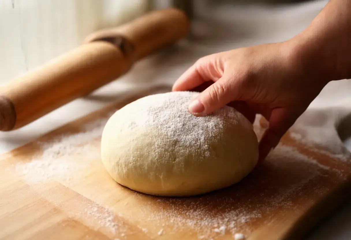 Dłoń dotyka kulki ciasta na pizzę, posypanej mąką. Obok wałek. Czy ciasto na pizzę można mrozić? Tak, można je zamrozić.