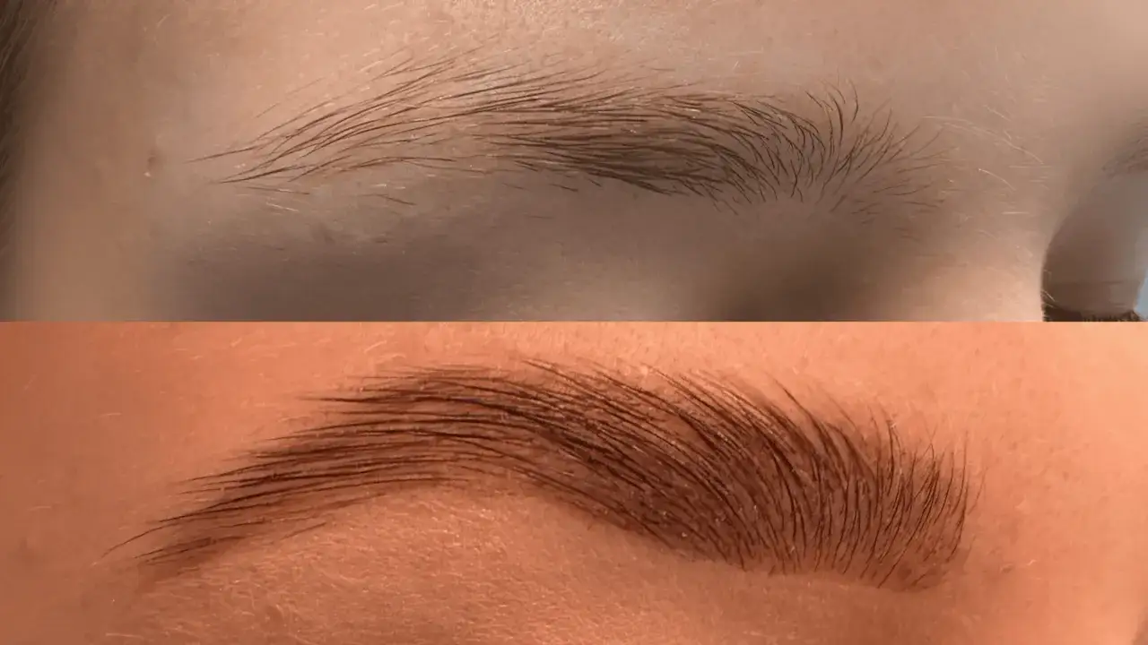 Dwa zbliżenia na brwi: jedna naturalna, druga po hennie pudrowej.