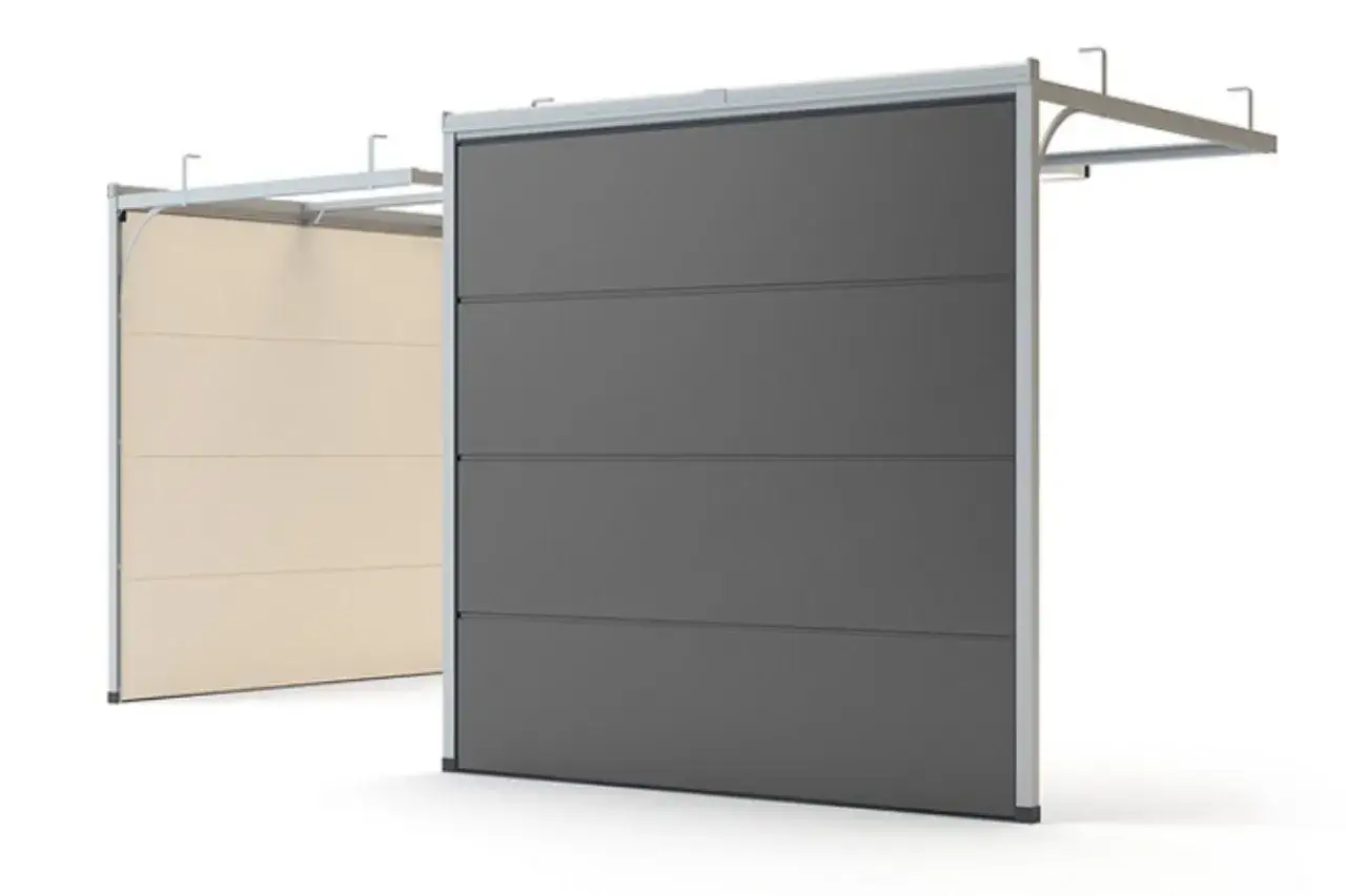 Dwie bramy garażowe, jedna ciemnoszara, druga beżowa, z widocznym mechanizmem podnoszenia. Określenie ich wysokości jest kluczowe.