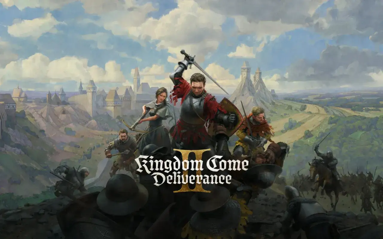 Zacięta bitwa w Kingdom Come: Deliverance II. Rycerze w zbrojach walczą mieczami i łukami na tle średniowiecznego miasta i zamków.