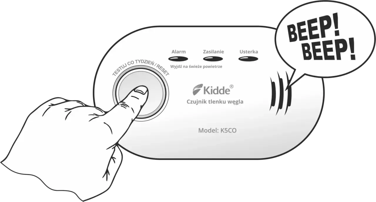 Dłoń naciska przycisk "TEST/RESET" na czujniku czadu Kidde, aby zresetować czujnik czadu.