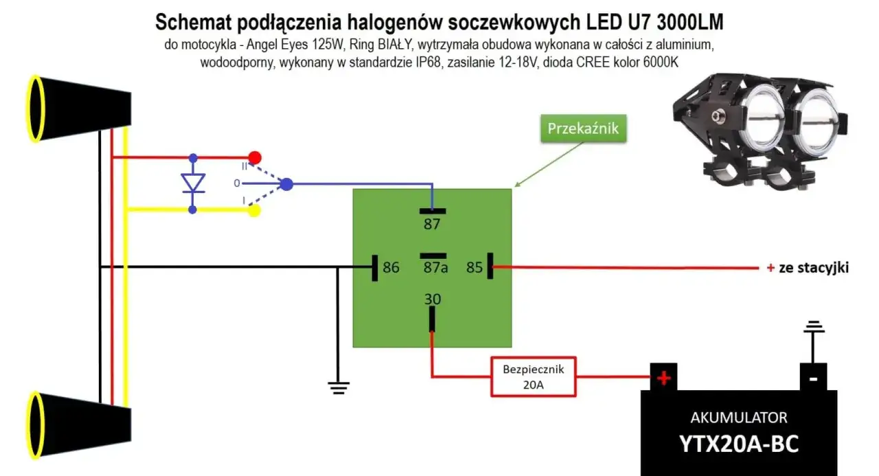 Schemat podłączenia halogenów LED U7 do motocykla. Pokazuje jak podłączyć halogeny w suficie schemat, przekaźnik, bezpiecznik i akumulator.