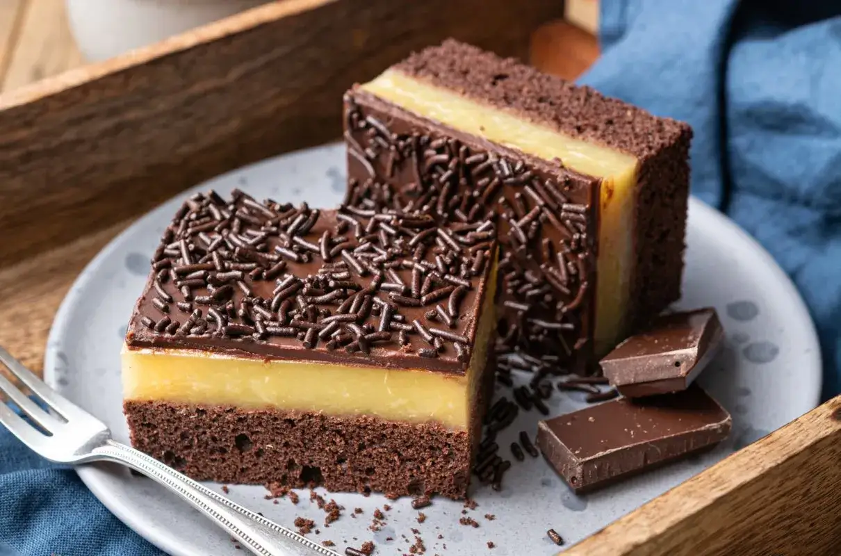 Czekoladowe ciasto z kremem i posypką, idealne do domowych przepisów kulinarnych na ciasta.