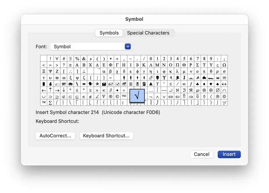 Okno dialogowe z wyborem symboli, z podświetlonym symbolem pierwiastka (√).
