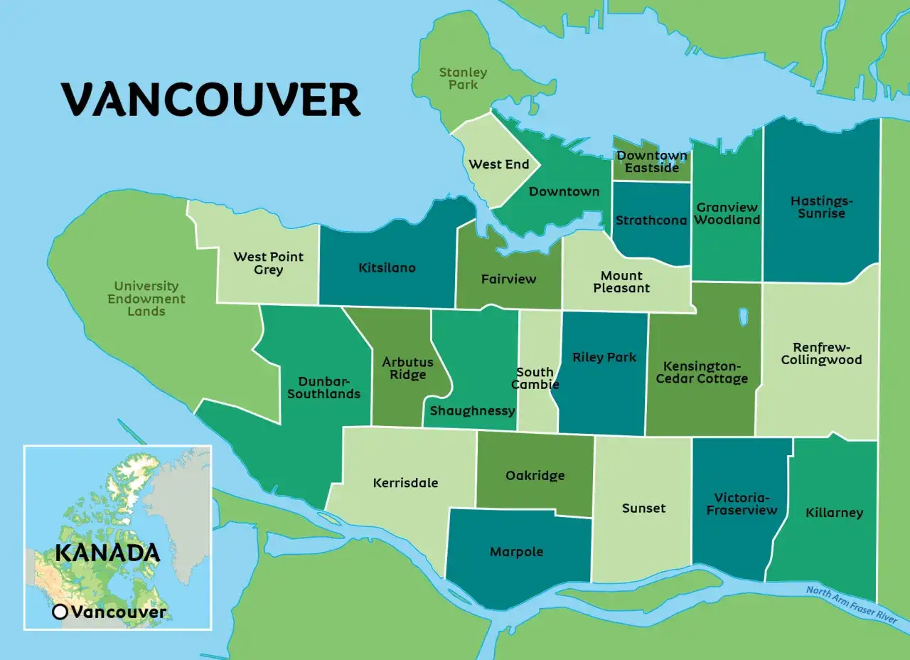 Mapa pokazuje gdzie leży Vancouver w Kanadzie, z podziałem na dzielnice: Downtown, Kitsilano, Stanley Park i inne.