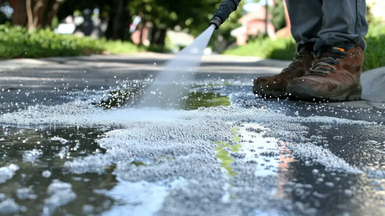 Dysza myjki ciśnieniowej spryskuje wodą i pianą chodnik, widać buty użytkownika.