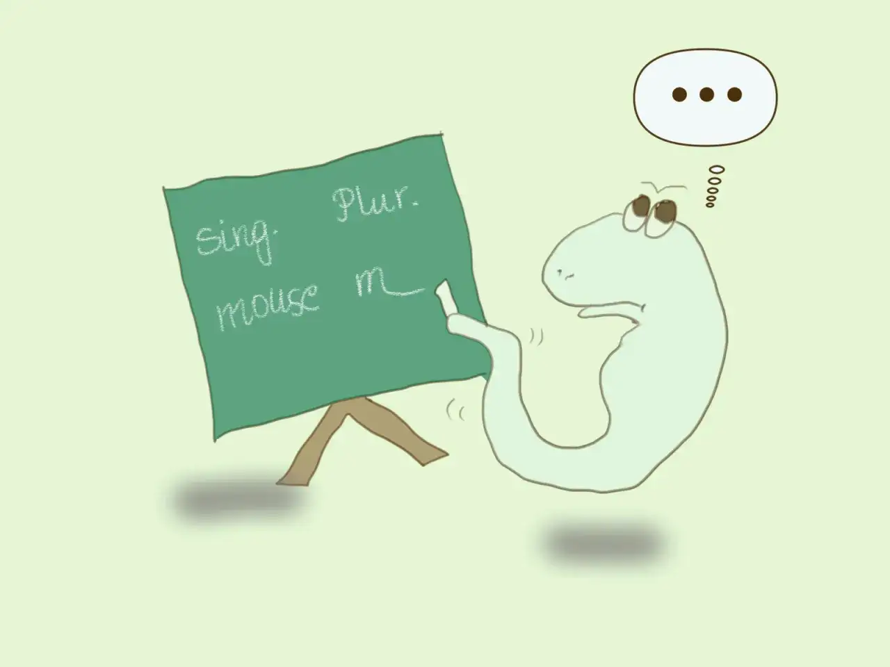 Uroczy stworek uczy się angielskiego: liczba pojedyncza i mnoga. Na tablicy "mouse" i "mice".