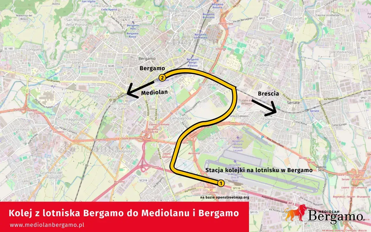Trasa kolejowa z lotniska Bergamo do Mediolanu i Bergamo. Mapa pokazuje połączenie kolejowe między lotniskiem a miastami.